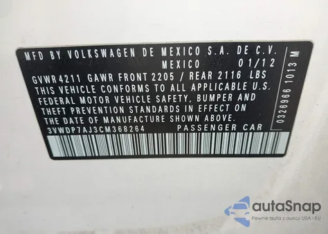 2012 Volkswagen Jetta 2.5L Se z USA, uszkodzony, nr VIN 3VWDP7AJ3CM368264